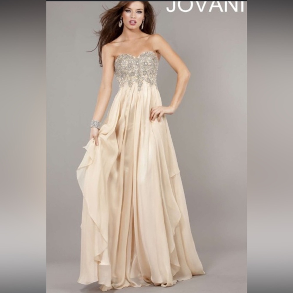 Jovani Tan Heavy Beaded Sweetheart Neckline Maxi Layered Prom Evening Gown XS